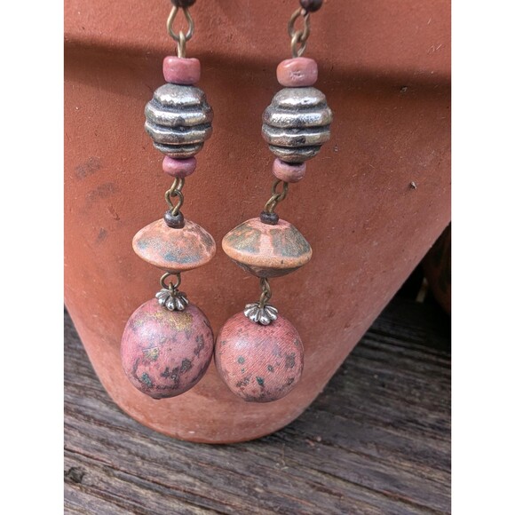 Vintage Wood Bead Dangle Earrings: Bohemian Earrings - Picture 5 of 13